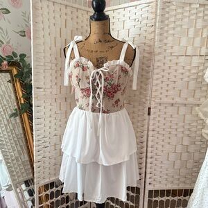 Floral Lace-Up Corset Dress W/White Ruffle Skirt Bottom